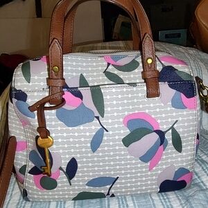 Fossil Floral Satchel with Brown Accents
